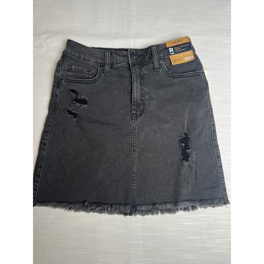 Aeropostale High Rise Mini Denim Skirt Black Distressed Frayed Hem Size 000 NWT
